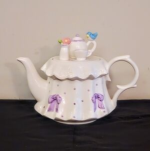 Teleflora Ceramic Teapot Tea Party Pastel Bows Bird Cottagecore Shabby Chic Gift
